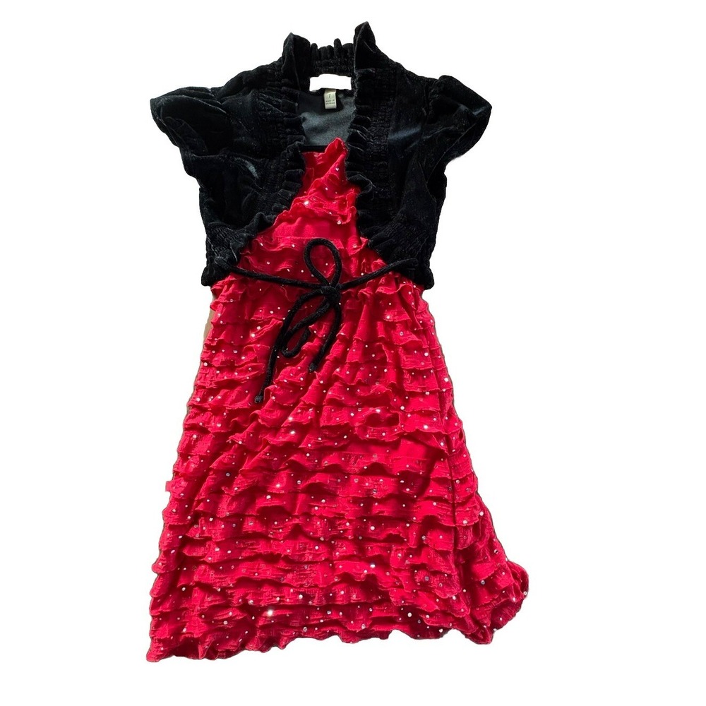 Speechless Holiday Dress Size 7 Red Ruffled Sequined Mock Velour Jacket EUC